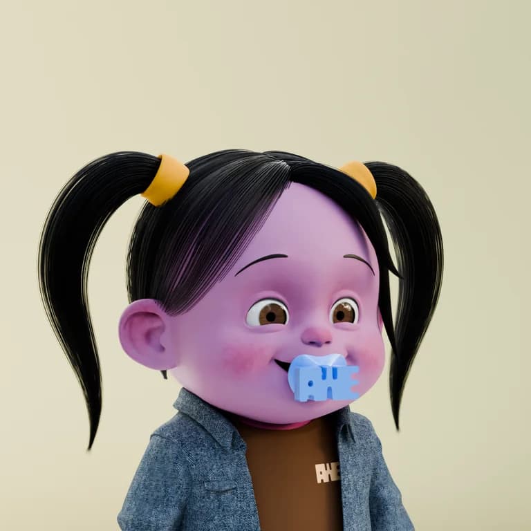 A pink Bubba with long black pigtails, a denim jacket, and a blue pacifier